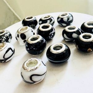 Black‎ White Glass Bead Charms Sterling Silver Set of 13